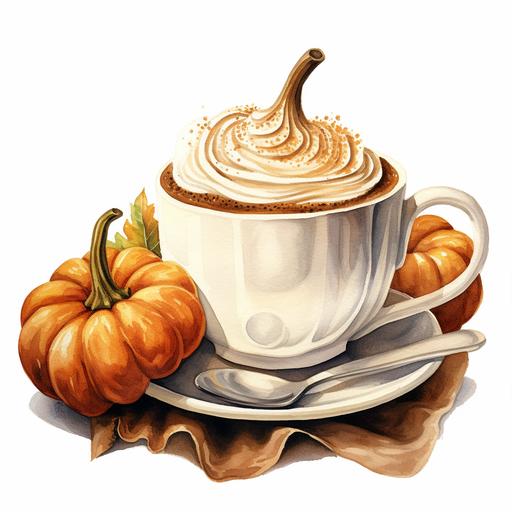 Watercolor Vintage Pumpkin in a cup of coffee with foam