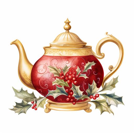 Watercolor clipart of vintage Christmas teapot, clean lines, isolated on a white background