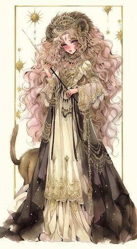 Watercolor illustration mottled watercolor style . Dark tale. Black and light pink color . Victoria Leo . full body shot. Leo queen . One lion around her. stars moon occultism astrolabe stickers romantic rural life 8k high details. --s 750 --ar 6:11 --niji 5