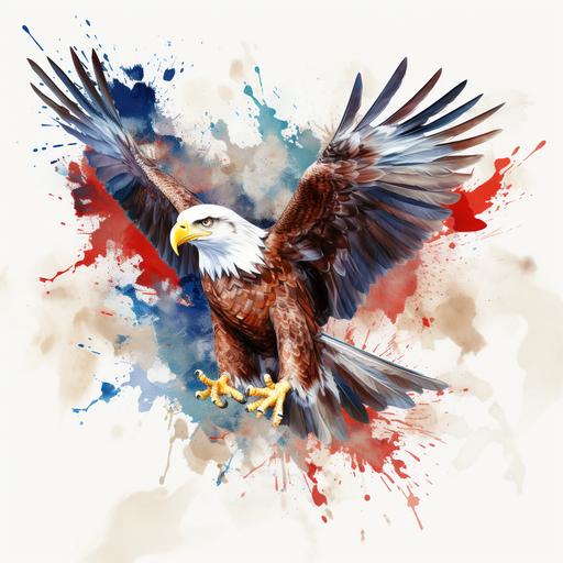 Watercolor illustration of bald eagle flying, american flag blends into the wings, patriotic decorations, patriotic theme, graffiti, unique, captivating, omg this is so beautiful, on white backdrop, paint splash