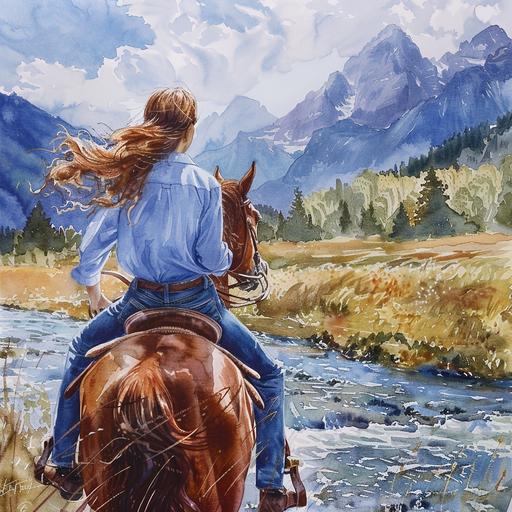 Watercolor painting, caucasion female riding a horse next to a river, brown hair blowing in the wind, wearing blue shirt, mountain background --v 6.0 --style raw
