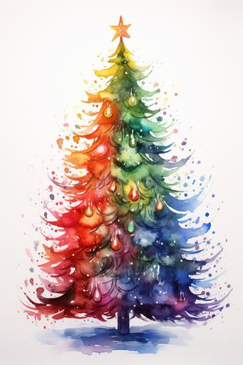 Watercolor painting of a rainbow naturalistic Christmas tree, --ar 2:3 --v 5.2 --style raw