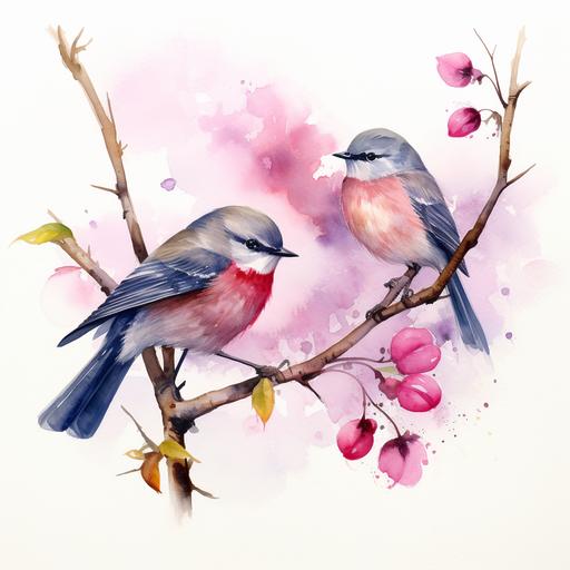 Watercolor painting style. A winter tree branch with some buds on it. A leaf and two dark pink flowers. A pink tiny bird is sitting on the branch. The picture has a brush, it paints the picture