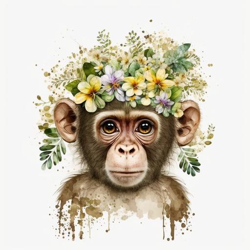 Watercolor safari cartoon monkey face with flowers on head white background