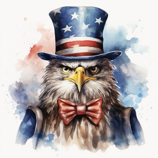 Watercolor sketch of an eagle wearing uncle sam hat, unique, whole body photo, beautiful, captivating, in the style of digital airbrushing, on white backdrop, cannonaf35m