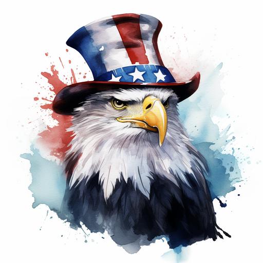 Watercolor sketch of an eagle wearing uncle sam hat, unique, whole body photo, patriotic, beautiful, captivating, in the style of digital airbrushing, on white backdrop, cannonaf35m