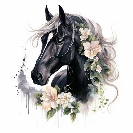 Watercolor sketch of dark black horse with white and beige flowers, unique, beautiful, captivating, in the style of digital airbrushing, on white backdrop, cannonaf35m