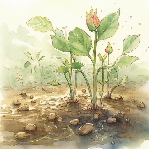 Watercolors, picture book style, and wakaba are sprouting. Soil around. Only one young leaf is sprouting, bathed in the morning sun, dripping with water. I'm giving water in Jouro. Young leaves sprout from the seeds. --s 750 --v 5