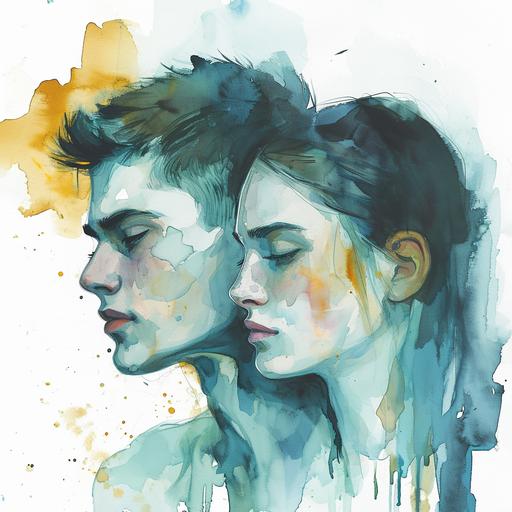 Watercolour drawing, young man, girl, mint, white, blue, a little gold, nice colouring, minimalism style, symbolism style, illustration --v 6.0