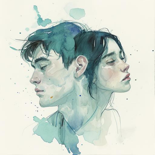 Watercolour drawing, young man, girl, mint, white, blue, a little gold, nice colouring, minimalism style, symbolism style, illustration --v 6.0