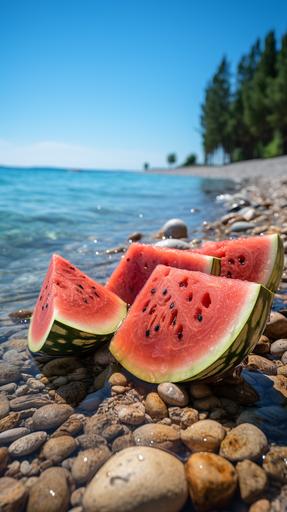 Watermelon photography, Easel paint, Seaside, Ultra Wide Angle, Ultra detail, f/1.8, defocus, Best quality, Commercial photography, soft lighting, realistic, High quality, Sharp detail, Ultra HD, Ultra Detail shots, --ar 9:16 --s 750