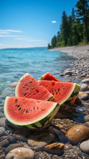 Watermelon photography, Easel paint, Seaside, Ultra Wide Angle, Ultra detail, f/1.8, defocus, Best quality, Commercial photography, soft lighting, realistic, High quality, Sharp detail, Ultra HD, Ultra Detail shots, --ar 9:16 --s 750