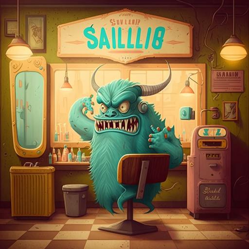 the sully of sa monsters in a retro barber shop, --v 4