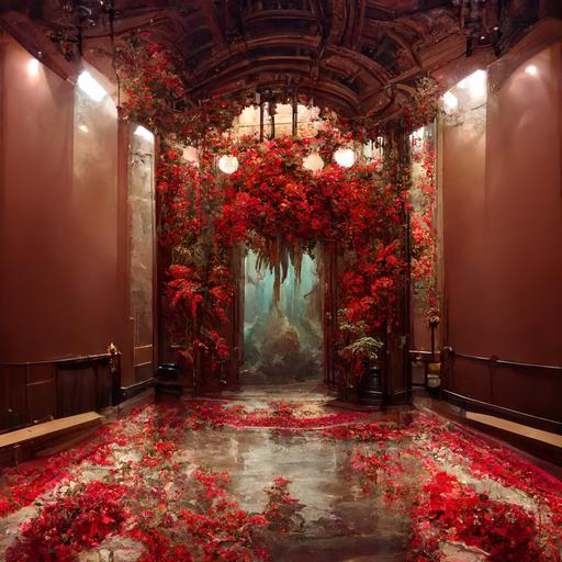 epic art nouveau entrance hall, muted colors, indoor plants, monstera, palm, hibiscus, floral wallpaper, chandelier :: floor covered with  red water