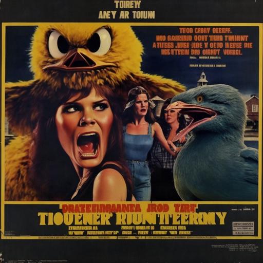 trendy rubber duck monster terrorizing small town America. grindhouse film lobby card, 1970s, Mary Woronov, Vonetta McGee, David Warner, Pamela Franklin, Eve Plumb. in the style of Brian de Palma --v 4