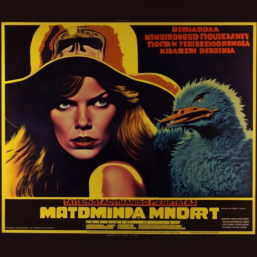 trendy rubber duck monster terrorizing small town America. grindhouse film lobby card, 1970s, Mary Woronov, Vonetta McGee, David Warner, Pamela Franklin, Eve Plumb. in the style of Brian de Palma --v 4