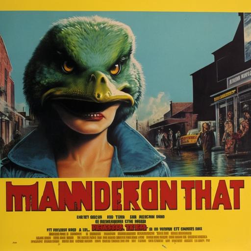 trendy rubber duck monster terrorizing small town America. grindhouse film lobby card, 1970s, Mary Woronov, Vonetta McGee, David Warner, Pamela Franklin, Eve Plumb. in the style of Brian de Palma --v 4