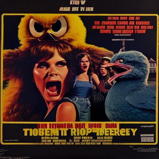 trendy rubber duck monster terrorizing small town America. grindhouse film lobby card, 1970s, Mary Woronov, Vonetta McGee, David Warner, Pamela Franklin, Eve Plumb. in the style of Brian de Palma --v 4