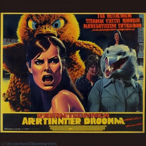 trendy rubber duck monster terrorizing small town America. grindhouse film lobby card, 1970s, Mary Woronov, Vonetta McGee, David Warner, Pamela Franklin, Eve Plumb. in the style of Brian de Palma --v 4