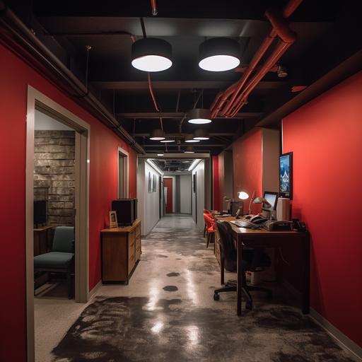 We-Work coworking office space, Lights off, one lit MONITOR, DESK LAMP, a few emergency lights by the elevators and a RED EXIT sign mounted on the ceilings.