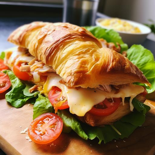 We cut the croissant lengthwise and put a lettuce leaf and sliced ​​cheese on the lower part; We put the tomato cut into thin slices, put the chicken pieces on them; We put the second part of the croissant on top; We serve.