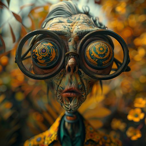 We happy Few, a psychologist with surreal crop circles glasses looks deep into my eyes, I think he's crazy himself --v 6.0 --s 240 --c 5