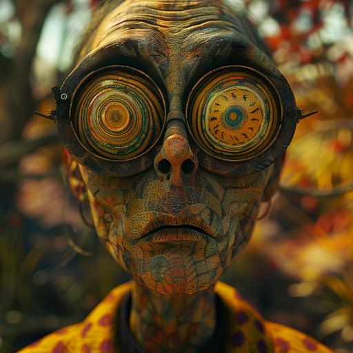 We happy Few, a psychologist with surreal crop circles glasses looks deep into my eyes, I think he's crazy himself --v 6.0 --s 240 --c 5