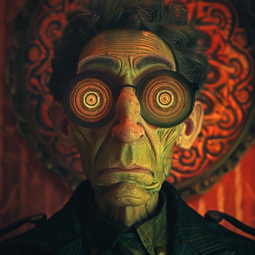 We happy Few, a psychologist with surreal crop circles glasses looks deep into my eyes, I think he's crazy himself --v 6.0 --s 240 --c 5