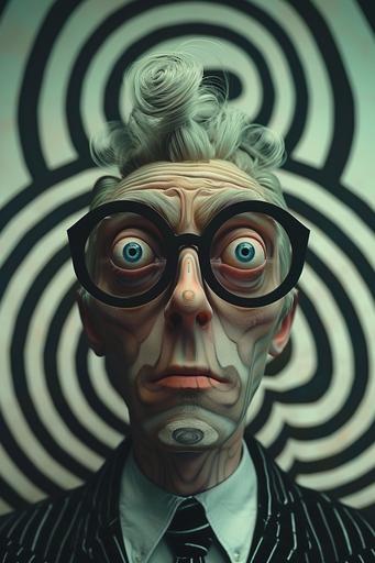 We happy Few, a psychologist with surreal crop circles glasses looks deep into my eyes, I think he's crazy himself --v 6.0 --s 240 --c 5 --ar 2:3