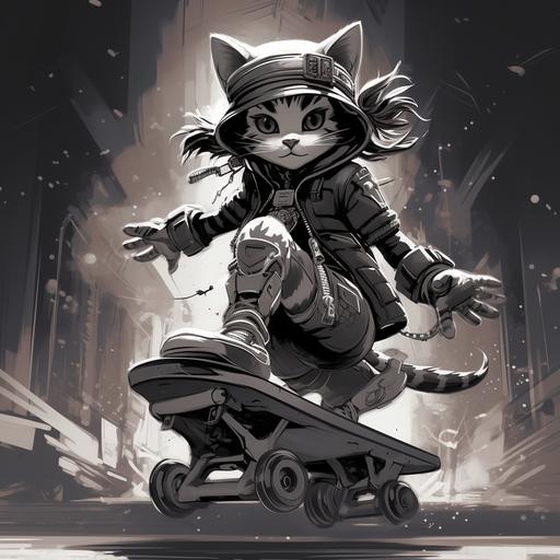 We see a cat dressed as catwoman flying on a hoverboard, graffiti style, black and white drawing, 2D, 8k ar-- 1:3