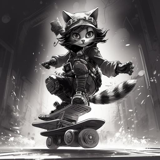 We see a cat dressed as catwoman flying on a hoverboard, graffiti style, black and white drawing, 2D, 8k ar-- 1:3