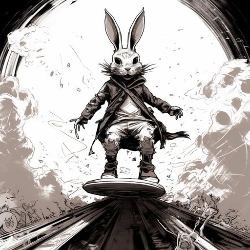 We see a white rabbit flying on a hoverboard, manga style, black and white drawing, 2D ar-- 9:16