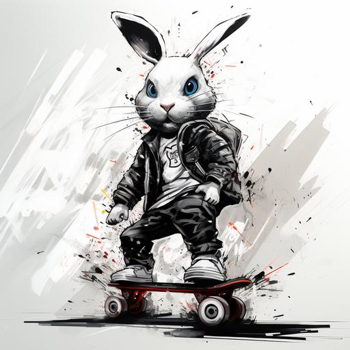 We see a white rabbit on a hoverboard, graffiti style, black and white drawing, 2D ar-- 9:16