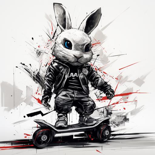 We see a white rabbit on a hoverboard, graffiti style, black and white drawing, 2D ar-- 9:16