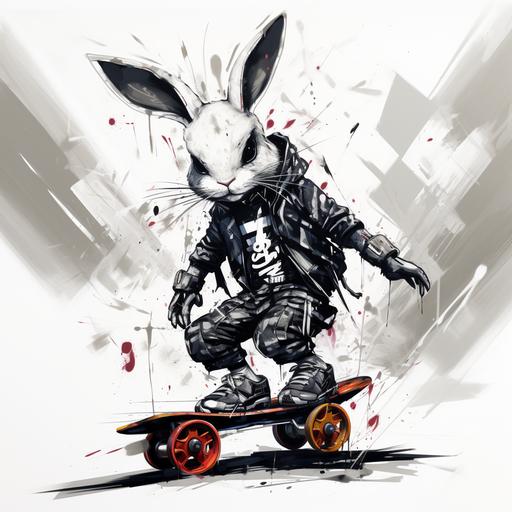 We see a white rabbit on a hoverboard, graffiti style, black and white drawing, 2D ar-- 9:16