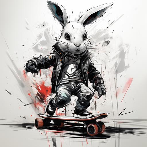 We see a white rabbit on a hoverboard, graffiti style, black and white drawing, 2D ar-- 9:16