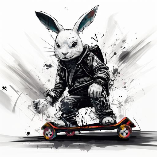 We see a white rabbit on a hoverboard, graffiti style, black and white drawing, 2D ar-- 9:16