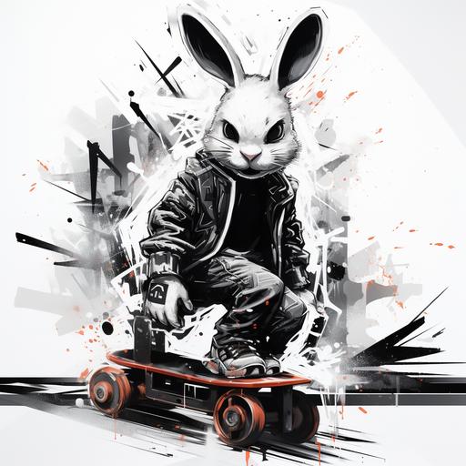 We see a white rabbit on a hoverboard, graffiti style, black and white drawing, 2D ar-- 9:16