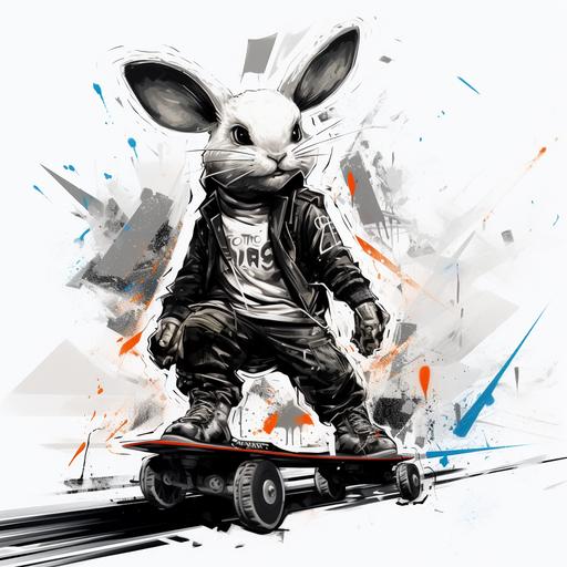 We see a white rabbit on a hoverboard, graffiti style, black and white drawing, 2D ar-- 9:16