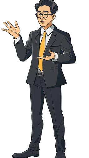 Webtoon style, full body of a 50-year-old Korean male teacher, standing with his mouth closed, wearing a black suit and white shirt, raising one hand and explaining something. Wearing a yellow tie and glasses, --ar 9:16 --v 6.0