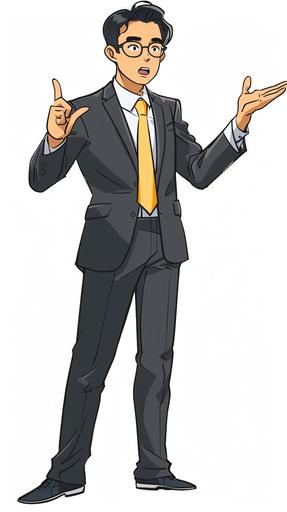 Webtoon style, full body of a 50-year-old Korean male teacher, standing with his mouth closed, wearing a black suit and white shirt, raising one hand and explaining something. Wearing a yellow tie and glasses, --ar 9:16 --v 6.0