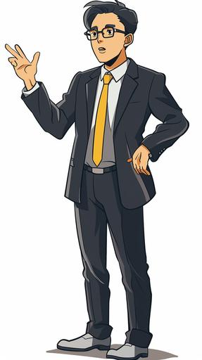 Webtoon style, full body of a 50-year-old Korean male teacher, standing with his mouth closed, wearing a black suit and white shirt, raising one hand and explaining something. Wearing a yellow tie and glasses, --ar 9:16 --v 6.0