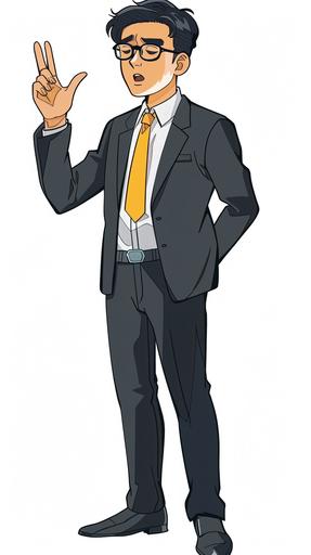 Webtoon style, full body of a 50-year-old Korean male teacher, standing with his mouth closed, wearing a black suit and white shirt, raising one hand and explaining something. Wearing a yellow tie and glasses, --ar 9:16 --v 6.0