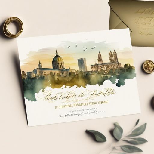 Wedding invitation with Toledo city skyline as background, watercolor, --v 4