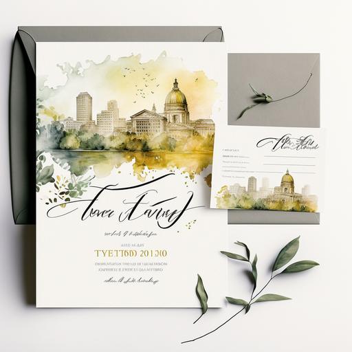 Wedding invitation with Toledo city skyline as background, watercolor, --v 4