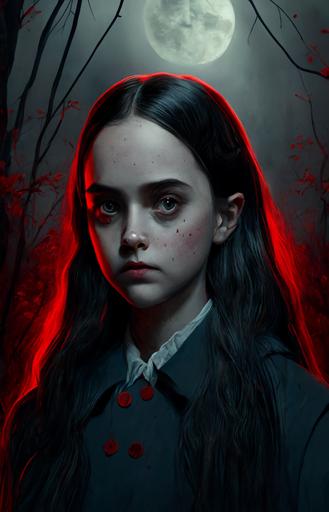 Wednesday Addams at night in a mystical ashen forest with a red moon, clean face, fog, 8k --ar 2:3 --q 2