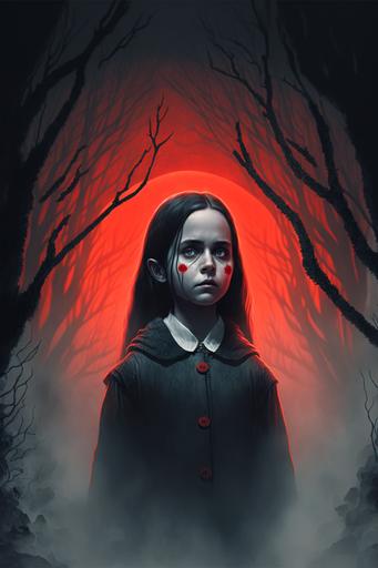 Wednesday Addams at night in a mystical ashen forest with a red moon and behind Wednesday Addams, red inhuman eyes can be seen in the fog 8k --ar 2:3