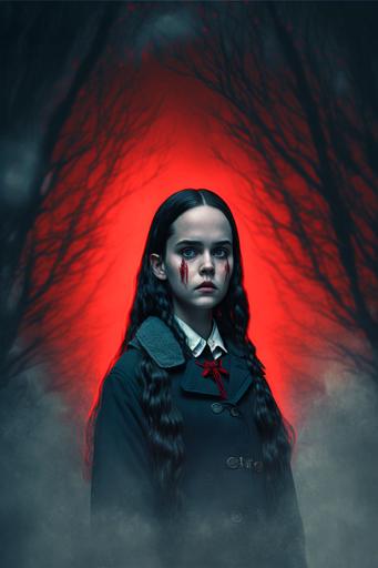 Wednesday Addams at night in a mystical ashen forest with a red moon and behind Wednesday Addams, red inhuman eyes can be seen in the fog 8k --ar 2:3