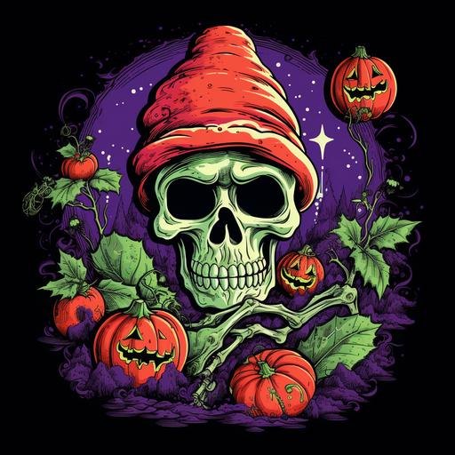 Weed Halloween themed image for tote bags, t-shirts, event flyers. Cartoon fruit (banana, blueberry, grapes, strawberry, watermelon) in Halloween costumes. Smoking skeleton, pumpkin, trippy witch. 'Costume ball' theme. Space for Logo, event info, vendor logos. No text.