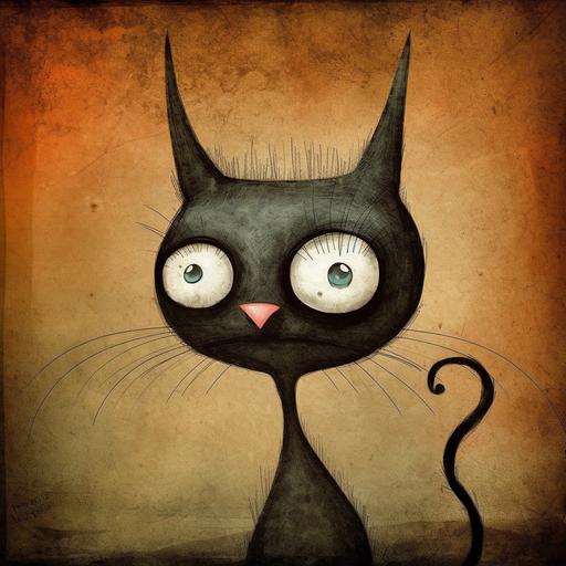Weird, twisted, colorful, amused, scared black wide eyed cat by the blended styles of Don Hertzfeldt, Hieronymus Bosch, Gabriel Pacheco — q 2 --v 5 --v 5 --v 5
